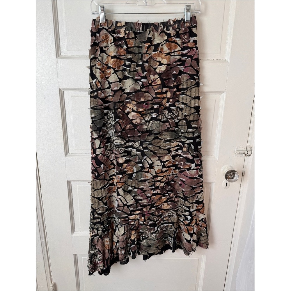 Vintage Y2K Mosaic Patchwork Maxi Skirt Asymmetrical Raw Hem Earth Tone Boho - Picture 10 of 13